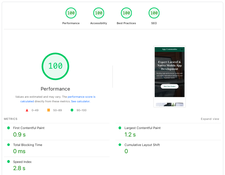 Google PageSpeed Insights screenshot for App Commandos showing 100 scores and strong Core Web Vitals